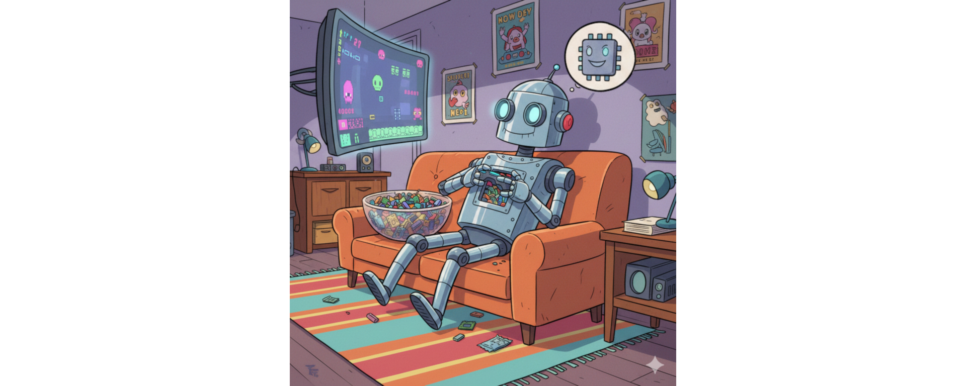 cartoon of a robot playing a computer game while snacking on a bowl of computer chips